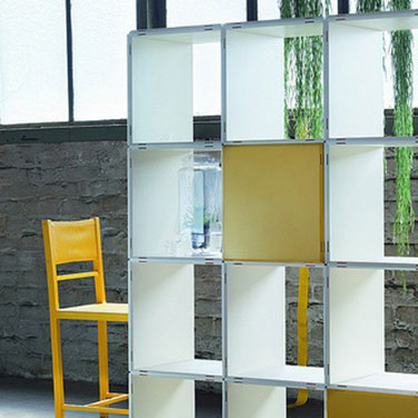 4x4 qubing shelves as a room divider in cream colour